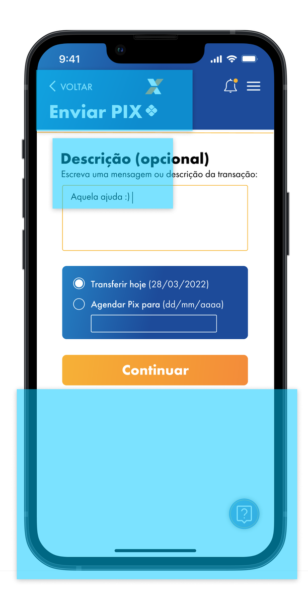 Tela de descrição do PIX, com o bloco de texto colado ao formulário e a grande área vazia abaixo destacados em ciano.